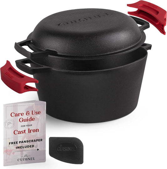 Cuisinel Cast Iron Dutch Oven - 5-Quart Deep Pot - Preseasoned 2-in-1 Multi-Cooker - Combo Lid Doubles as 10"-inch Skillet Frying Pan + Silicone Handle Covers + Scraper - Indoor/Outdoor Bread Cookware - Nestoria