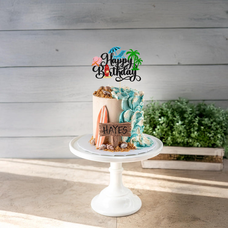 1Pcs Summer Beach Happy Birthday Cake Topper Glitter Ball Tree Umbrella Pool Cake Pick for Hawaiian Holiday Baby Shower Birthday Party Cake Decorations Supplies Black