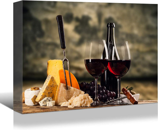 Looife Kitchen Still Life Canvas Wall Art, 40x30 Inch Gallery Wrapped Red Wine with Cheese Picture Prints Wall Decor, Food Art Deco for Dining Room and Bar Decoration