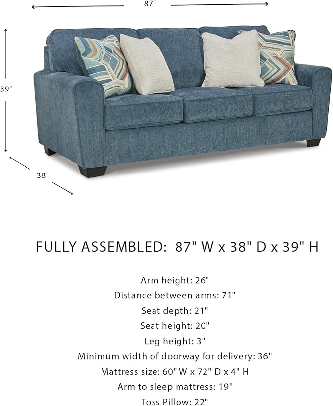 Signature Design by Ashley Cashton Casual 2-in-1 Sofa Sleeper with Folding Gel Memory Foam Mattress, Queen, Blue