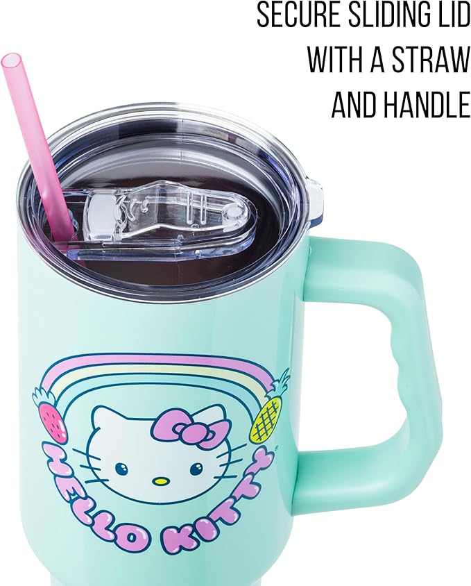 Silver Buffalo Sanrio Hello Kitty Kawaii Strawberry, Pineapple, and Rainbows Stainless Steel Tumbler with Handle and Straw, Fits in Standard Cup Holder, 40 Ounces (Pack of 12)