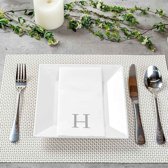 Luxenap 15.8 X 7.9 Inch Linen-Feel Guest Towels, 2000 Lettered Hand Towels - Silver Letter 'H', Sans Serif Font, White Paper Dinner Napkins, airlaid, For Restrooms And Tables - Restaurantware