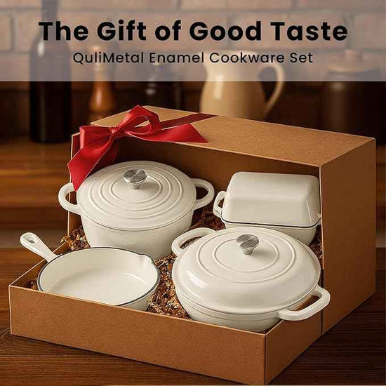 QuliMetal Enameled Cast Iron Cookware Set, 5-Piece – 2.3QT Dutch Oven, 4.7QT Braiser, 10" Skillet, 9x5" Oval Bread Pan & Rack – Versatile Oven-Safe Enamel Cast Iron Pots and Pans for Home Cooking