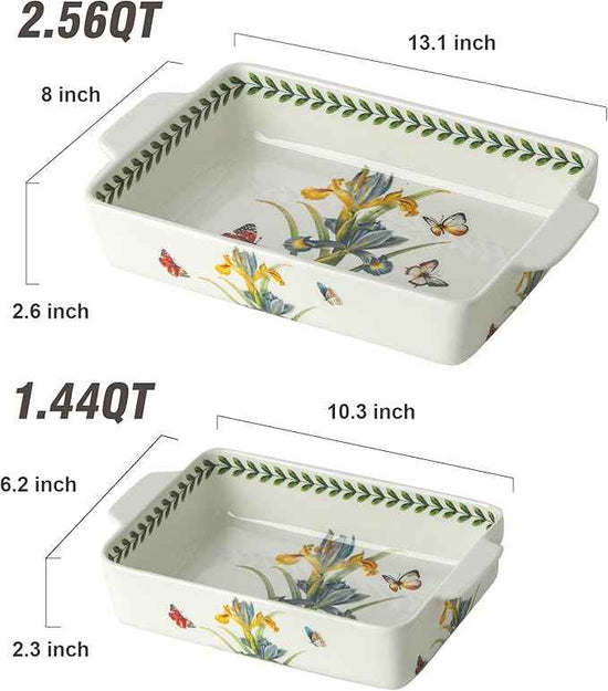 Ceramic Iris Baking Casserole Dish with Handles, Large 2 pieces 8x13 inch & 6x10 inch Lasagna Baking Dish and Middle Flower Andplant Baking Pan,Porcelain Serving Bakeware Set