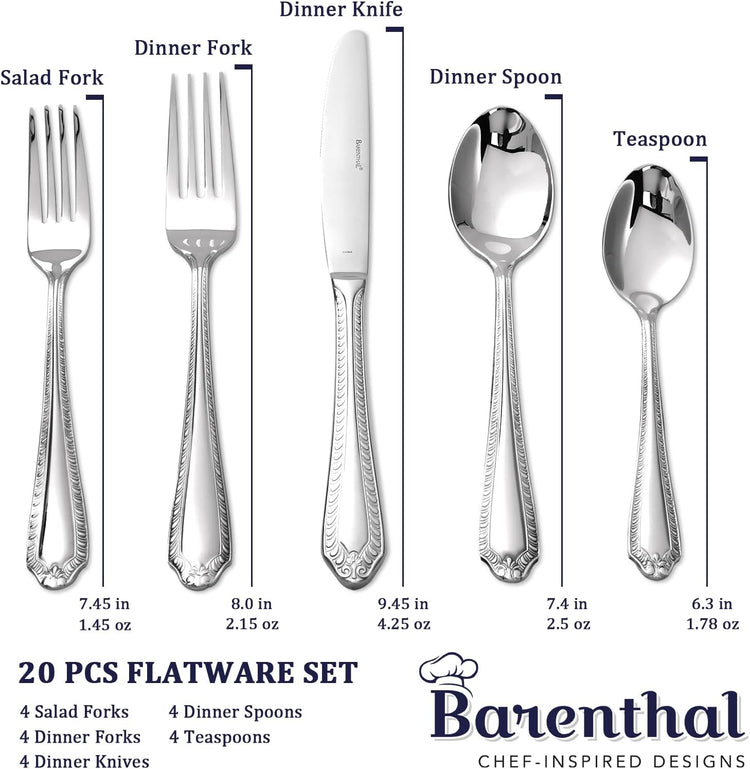 Heavy Duty Silverware Set for 4, Barenthal 20 PCS Luxury Retro Flatware Set Mirror Finish Dishwasher Safe, 18/10 Stainless Steel Silverware Flatware Sets for Home Restaurant Party Christmas Gift