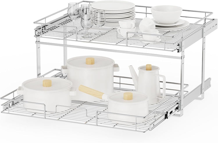 ROOMTEC Individual Pull Out Cabinet Organizer (31½" W x 21½" D), 2 Tier Spice Rack Organizer for Cabinet, Slide Out Drawer Pantry Shelf Organization and Storage for Kitchen Bathroom