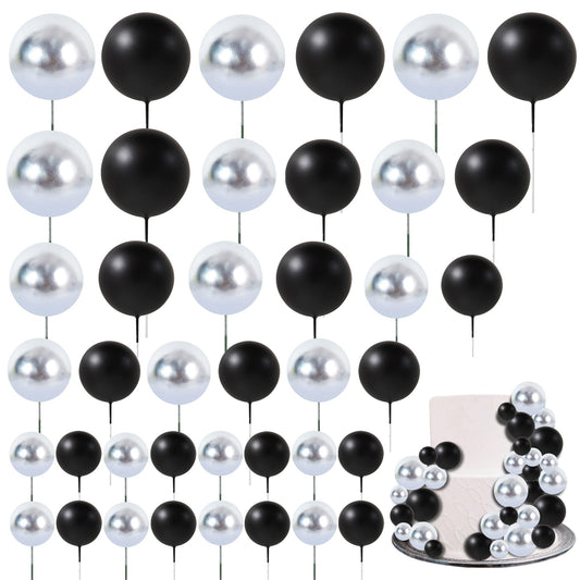 40 Pcs Ball Cake Toppers Mini Balls Cake Decorations Black Silver Foam Balls Sticks DIY Cake Topper for Congrats Grade 2026 Graduation Men Birthday New Year Retirement Decorations (40 Count)