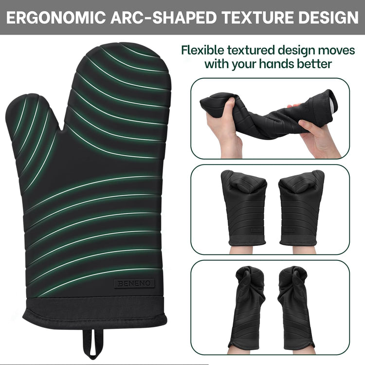 Beneno BPA-Free Silicone Oven Mitts, Heat Resistant Waterproof Oven Mitts with Non-Slip Textured Grip, Comfortable Quilted Lining, Kitchen Pot Holders for Cooking, Baking, Grilling, 7"x13", 2Pcs Black