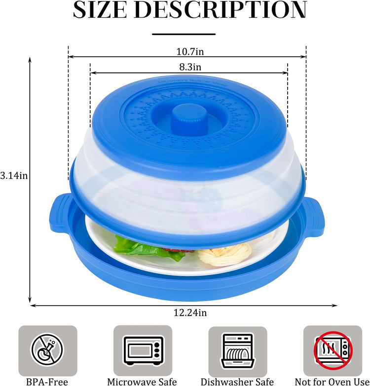 10.7 Inch Microwave Food Cover with Heat Insulation Mat, Anti-Scald Collapsible Microwave Splatter Cover, Multi-Functional as Colander & Fruit Plate, Dishwasher Safe, Ideal for Meal Prep (Dark Blue)
