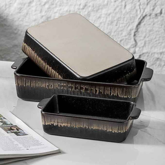 KOOV Bakeware Set, Ceramic Baking Dish, Rectangular Baking Pans Set, Casserole Dish for Cooking, Cake Dinner, Kitchen 9 x 13 Inches, 3-Piece, Stripe Series (Rough Black)