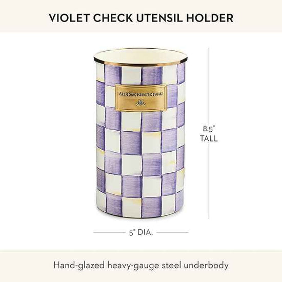 MACKENZIE-CHILDS Enamel Utensil Holder, Stylish Kitchen Countertop Organizer, Purple-and-White Violet Check