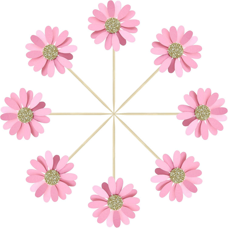 24Pcs Daisy Cupcake Toppers Flower Cake Topper Decorations Daisy Cake Decorations Chrysanthemum Cupcake Toppers Spring Daisy Flower Cake Picks for Birthday Wedding Supplies Light Pink