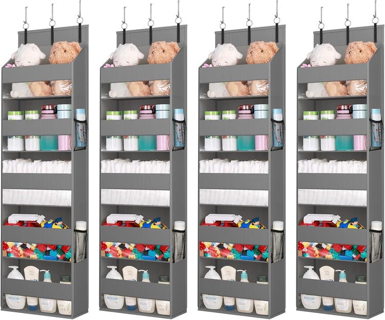 Lifewit 4 Packs Over the Door Organizer, 5 Shelf Clear Window Hanging Storage with 4 Mesh Side Pockets, Anti Tilt 40 lbs Load Behind Door for Pantry, Nursery, Bathroom, Bedroom, Kitchen, Dorm, Grey