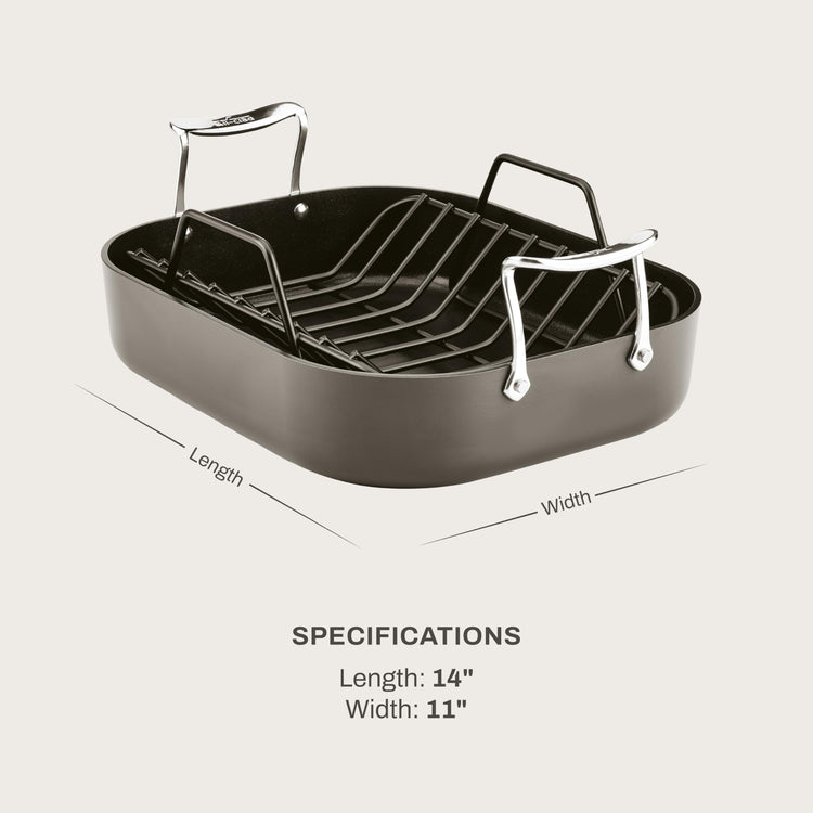 Essentials Hard Anodized Nonstick Roaster with Rack 11x14 Inch Oven Broiler Safe 500F Roaster Pan
