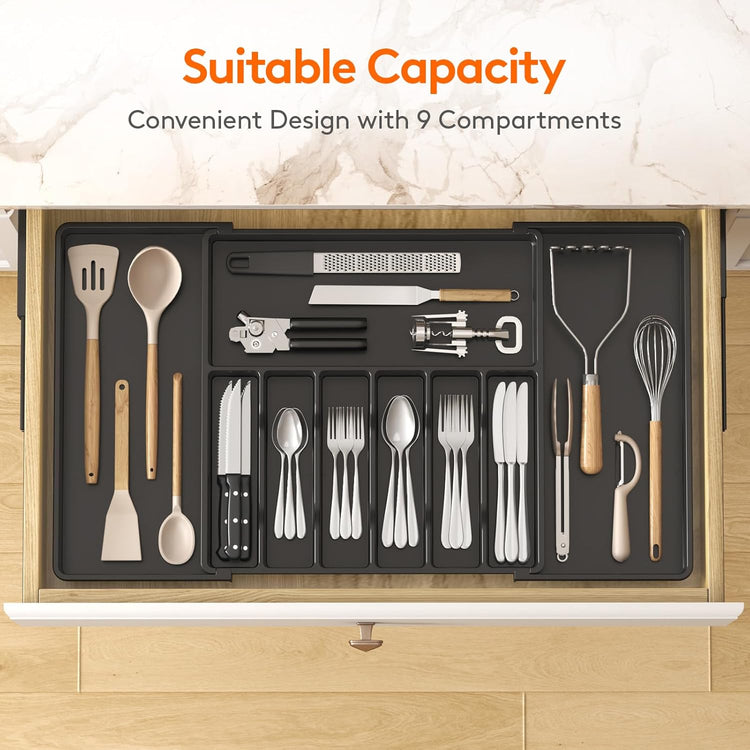 Lifewit Silverware Drawer Organizer, Expandable from 18.7 to 33 inches, Adjustable Utensil Tray for Kitchen, Large Cutlery Holder, Plastic Flatware Storage for Spoons Forks Knives, Black
