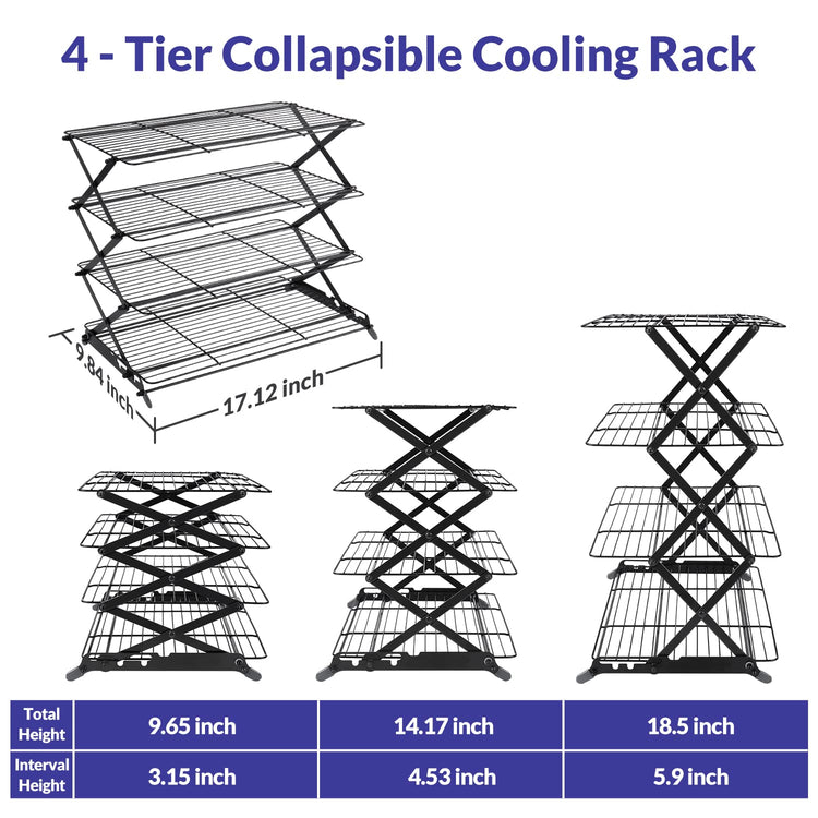 2/3/4-Tier Upgraded Collapsible Cooling Rack with Adjustable 3 Setting Design Stackable Roasting Cooking Drying Wire Cooling Rack for Cookies Baking Gifts for Women