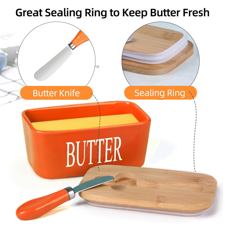 Ceramic Butter Dish with Bamboo Lid and Stainless Steel Knife Spreader