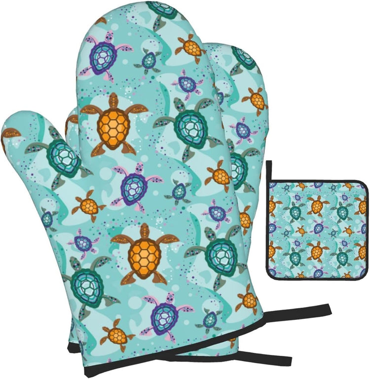 Cute Sea Turtle Beach Oven Mitts and Pot Holders Set Ocean Themed Decorative Heat Resistant Microwave Oven Gloves for BBQ Baking Grilling Cooks Kitchen Decor 3 Piece