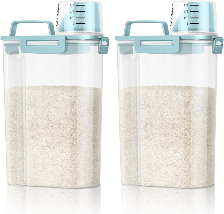 TBMax Rice Container Cereal Storage Container 2 Pack 5 Lbs, Plastic Kitchen Pantry Food Storage Container with Cup, Small Pet Dog Cat Food Dispenser -Blue