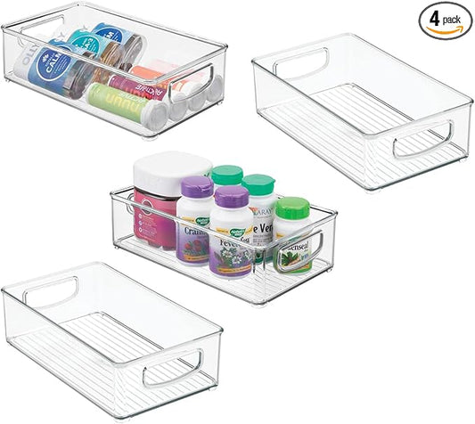 mDesign Plastic Bathroom Storage Container Bins w/ Handles - Closet, Cabinet, Vanity, Cupboard Shelf Organization, Hair Tools Accessory Organizer - Ligne Collection; Clear, 10x6x3 (Pack of 4)