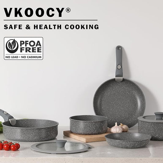 Vkoocy Non Stick Pot and Pan Set with Removable Handle, Ceramic Cookware Set Detachable Handle, Induction Kitchen Camping Stackable Pots Pans, Dishwasher/Oven Safe, Grey