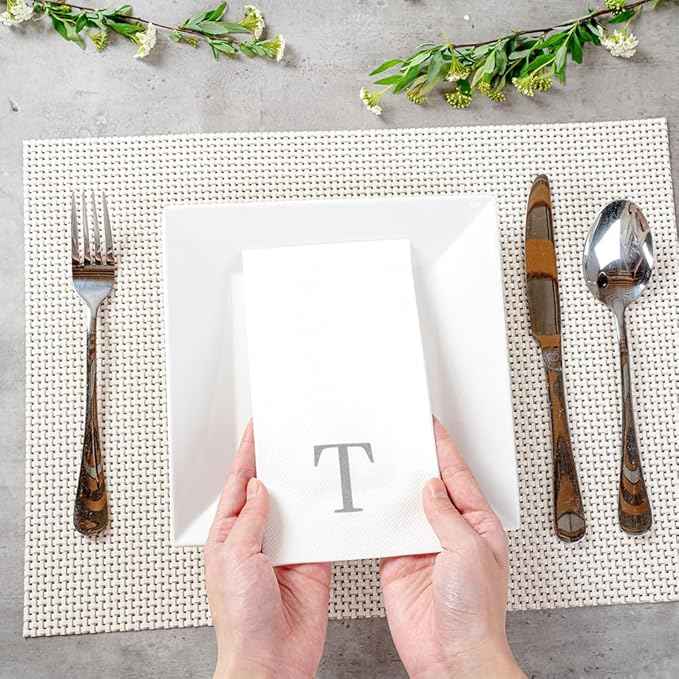 Luxenap 15.8 X 7.9 Inch Linen-Feel Guest Towels, 2000 Lettered Hand Towels - Silver Letter 'T', Sans Serif Font, White Paper Dinner Napkins, airlaid, For Restrooms And Tables - Restaurantware