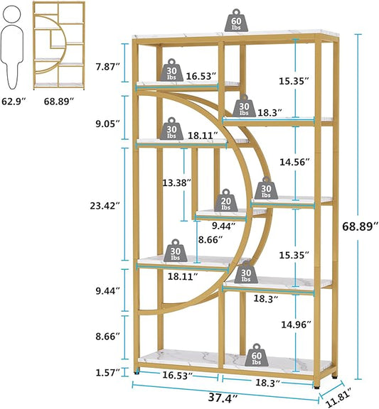 Tribesigns Bookshelf Industrial 5 Tier Etagere Bookcase, Freestanding Tall Bookshelves Display Shelf Storage Organizer with 9-Open Storage Shelf for Living Room, Bedroom, 2 Pack (Gold, 2 Pack)