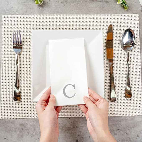 Luxenap 15.8 X 7.9 Inch Linen-Feel Guest Towels, 50 Lettered Hand Towels - Silver Letter 'C', Sans Serif Font, White Paper Dinner Napkins, airlaid, For Restrooms And Tables - Restaurantware