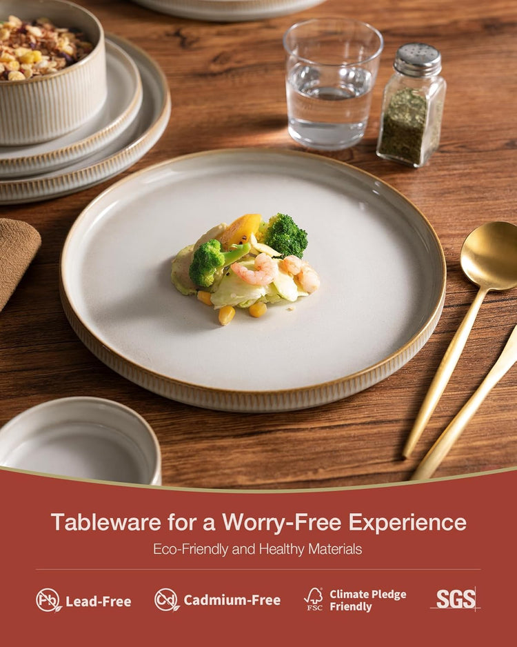 Famiware Star Dinnerware Set with Pasta Bowls, Service for 4 (16pcs), Ribbed Stoneware Plates and Bowls Dishes Sets - Chip & Scratch Resistant, Microwave & Dishwasher Safe, Cappuccino White