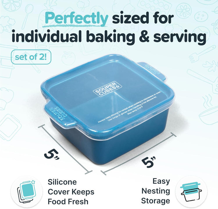 Souper Cubes Stoneware - 5" x 5" Baking Dishes for Oven with Silicone Covers, Premium Mini Ceramic Baking Dishes, Perfect for Reheating Individual Portions in Oven or Microwave, Set of 2 - Blueberry
