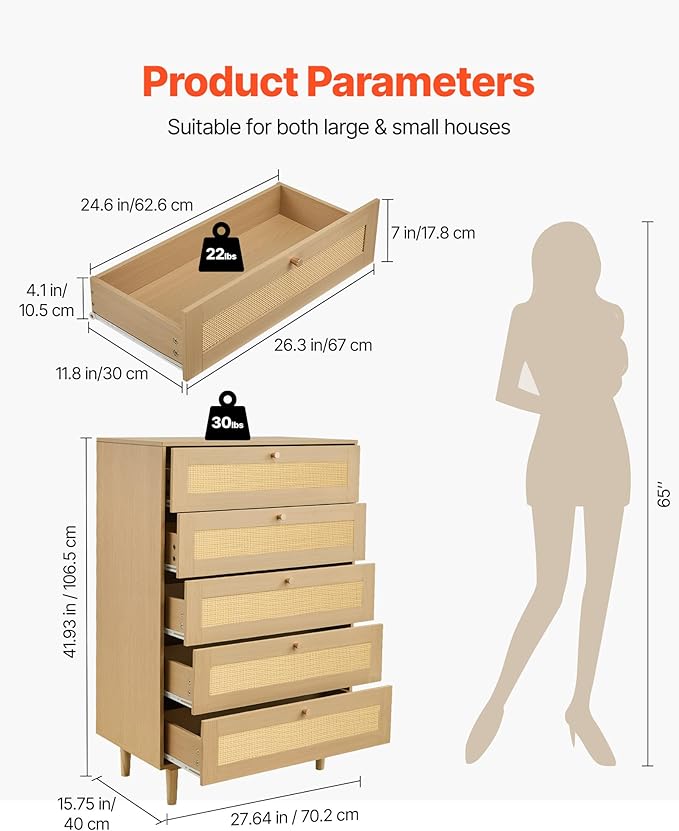 VEVOR 5 Drawer Rattan Dresser, 42" Tall Dresser for Bedroom, Boho Dresser Chest of Drawers with Gold Handles & Wooden Legs, Wood Clothing Storage Closet for Nursery, Living Room, Hallway, Natural Oak