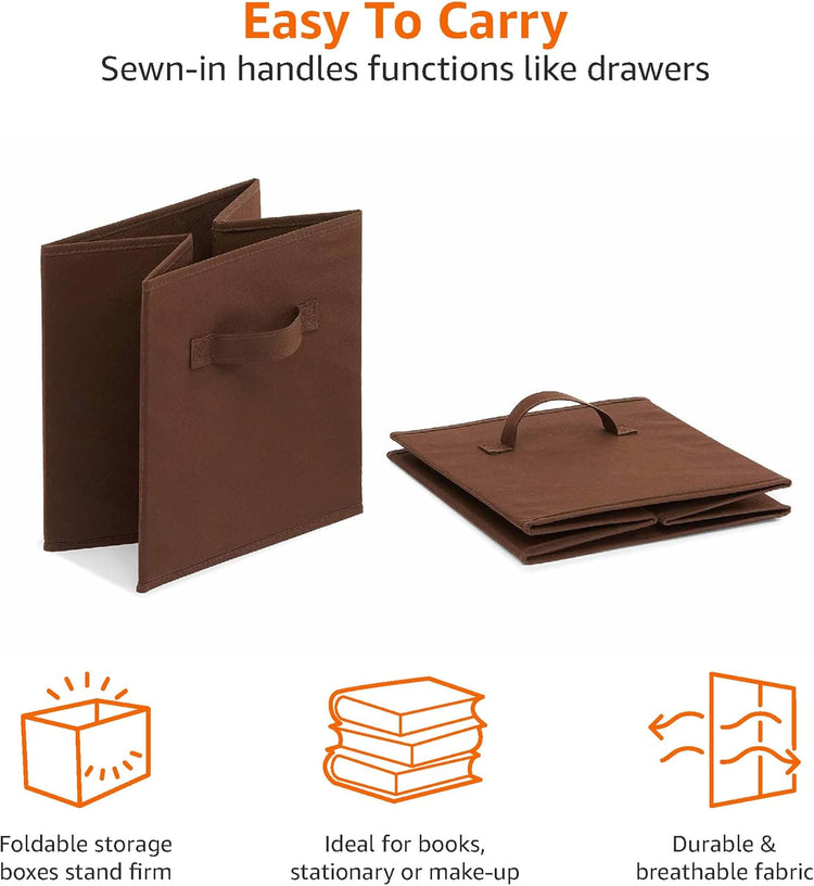 Amazon Basics Cube Organizer Storage Bins Handles, Collapsible Fabric, Pack of 6, 10.5"x10.5"x11", Brown