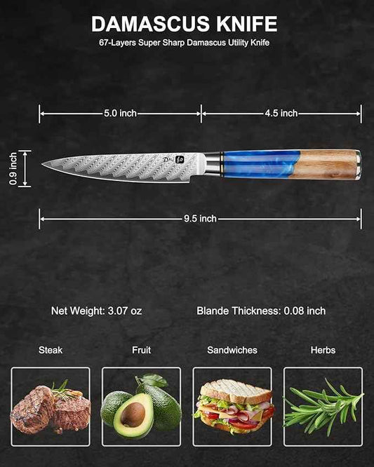 Kitchen Utility Knife 5 Inch, Japanese VG10 Steel Damascus Paring knife, Small Kitchen chef Knife with Gift Box and Resin Wood Handle, Ideal Birthday Gift for Men and Women