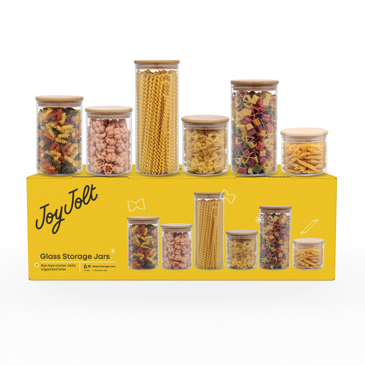 Borosilicate Glass Jars With Bamboo Lids. 6 Pc Set of Air Tight Sealable Containers. Food Jar Canisters with Airtight Lid for Pantry Storage and Kitchen Organization. (6 Count)