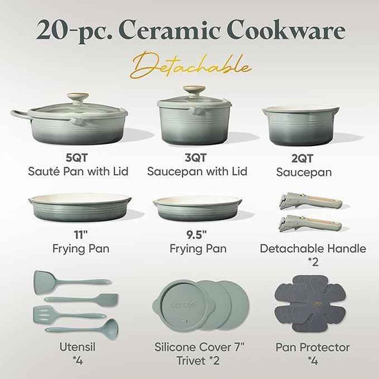 CAROTE 20Pcs Titanium Cookware Set, Pots and Pans Set Non Stick, Kitchen Cooking Set with Detachable Handle, Non Toxic Induction Cookware, Dishwasher/Oven Safe