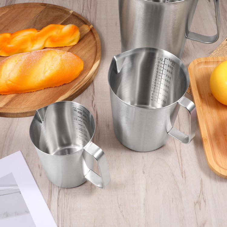 3 Pieces Stainless Steel Measuring Cups Metal Pitcher with Oz and ML marking Measuring Cup with Handle and Pour Lip