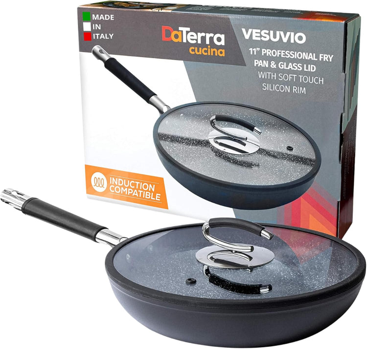 DaTerra Cucina 11" Nonstick Ceramic Frying Pan with Lid – Oven & Induction Safe, High Heat Resistant Nonstick Cookware, Dishwasher Safe, Durable & Stylish - Volcanic Black Speckled – Made in Italy