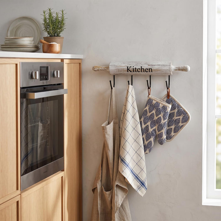 White Washed Wood Kitchen Utensil Rack with 4 Hooks