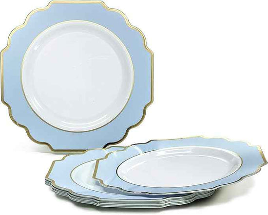 OCCASIONS FINEST 200 Piece Disposable Dinnerware Set for 25 Guests, – Plastic Plates, Gold Cutlery, Cups, Napkins – Heavy Duty Party Tableware, Imperial White Blue Gold Collection