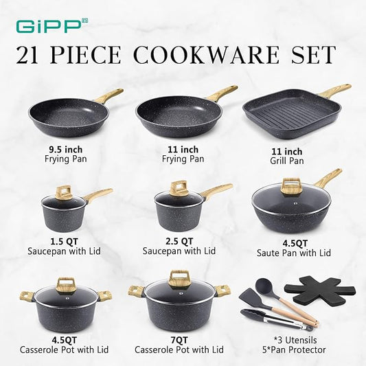 GiPP 21Psc Pots and Pans Set Non Stick - Grey Ceramic Kitchen Cookware Sets Nonstick Induction Cookware Non-toxic Cooking Pan Set with Silicone Utensils, PFOS and PFOA Free