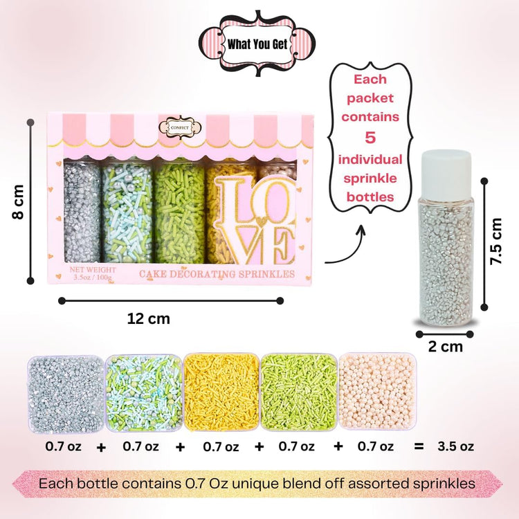 Edible Sprinkles for Cakes & Cupcakes Decoration Assorted pack of 5 Summer Fun Sprinkles Mix White Dragees Green Yellow Blue Jimmies Silver Sparkling Sugar (5 Ounce)