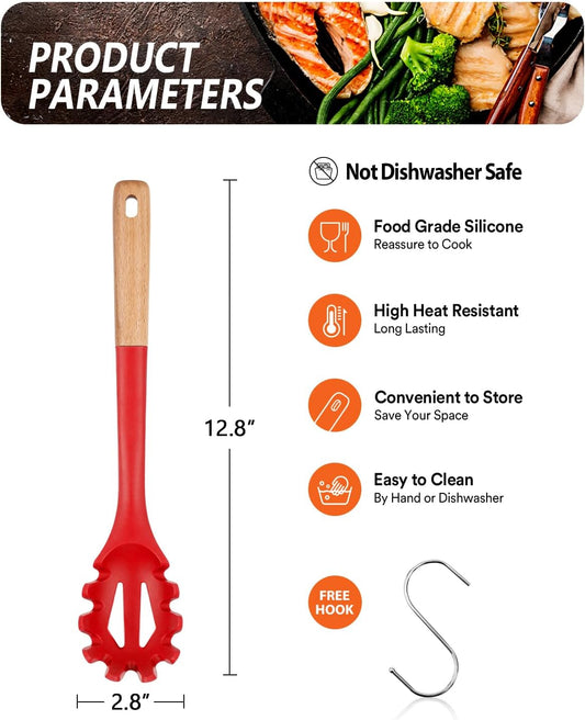 Silicone Pasta Fork, Kitchen Heat Resistant Noodle Spoon Server, BPA Free Spaghetti Strainer,12.8 inch (RED)
