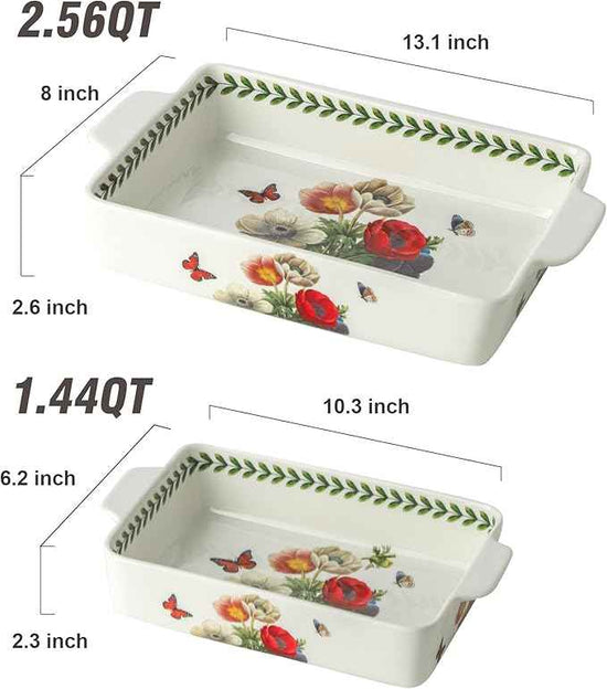Ceramic Papaver rhoeas Baking Casserole Dish with Handles, Large 2 pieces 8x13 inch & 6x10 inch Lasagna Baking Dish and Middle Flower Andplant Baking Pan,Porcelain Serving Bakeware Set