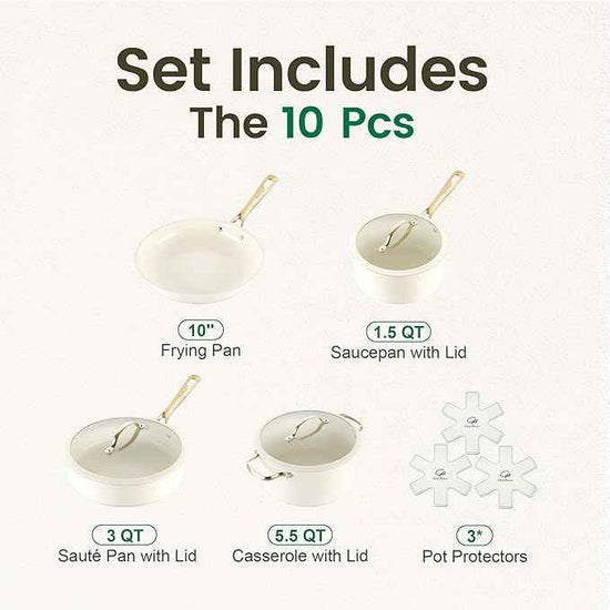 Chef Power Ceramic Cookware Sets, 10Pcs Pots and Pans Set Non Stick, Cookware Set with Stainless Steel Handle, Dishwasher & Oven Safe, Cream White and Light Gold Handle
