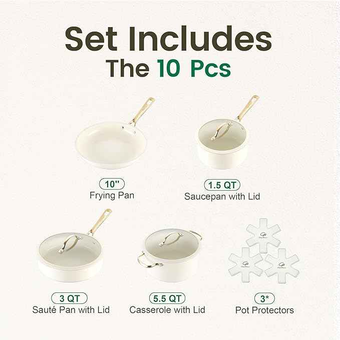 Chef Power Ceramic Cookware Sets, 10Pcs Pots and Pans Set Non Stick, Cookware Set with Stainless Steel Handle, Dishwasher & Oven Safe, Cream White and Light Gold Handle