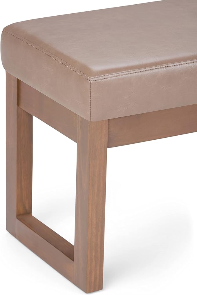 SIMPLIHOME Milltown Small Ottoman Bench - 27 inch Wide Upholstered Vegan Leather Rectangle Footstool Ottoman in Ash Blonde, Contemporary Bench for Bedroom or Living Room with Cushioned Seat, Assembled