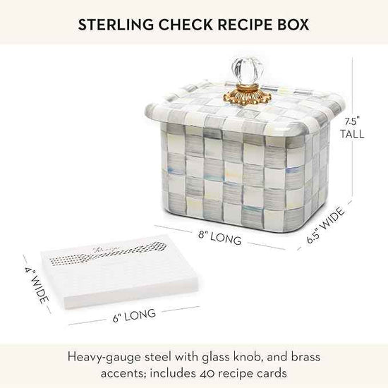MACKENZIE-CHILDS Enamel Recipe Box, Index Card Box with Lid, Includes 40 Recipe Cards, Gray-and-White Sterling Check