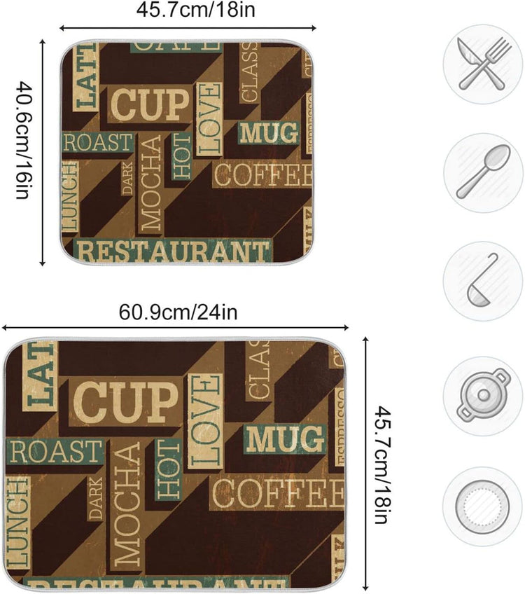 senya Super Absorbent Dish Drying Mat, Microfiber Fast-Drying 16'' x 18'', Kitchen Pad, Coffee Themed Seamless Retro