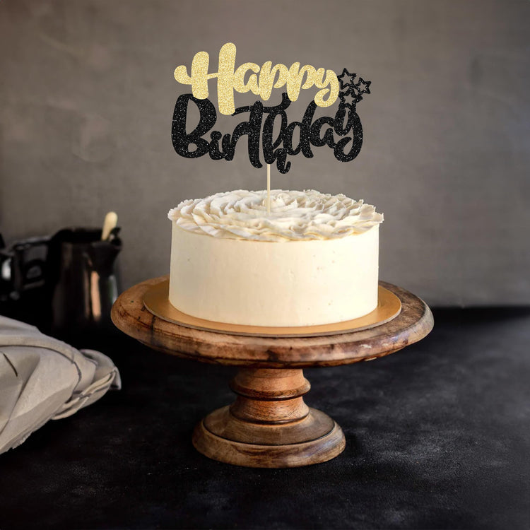 1Pcs Happy Birthday Cake Topper Glitter Cake Pick for Celebrating Anniversary Theme Party Cake Decorations Supplies Black Gold