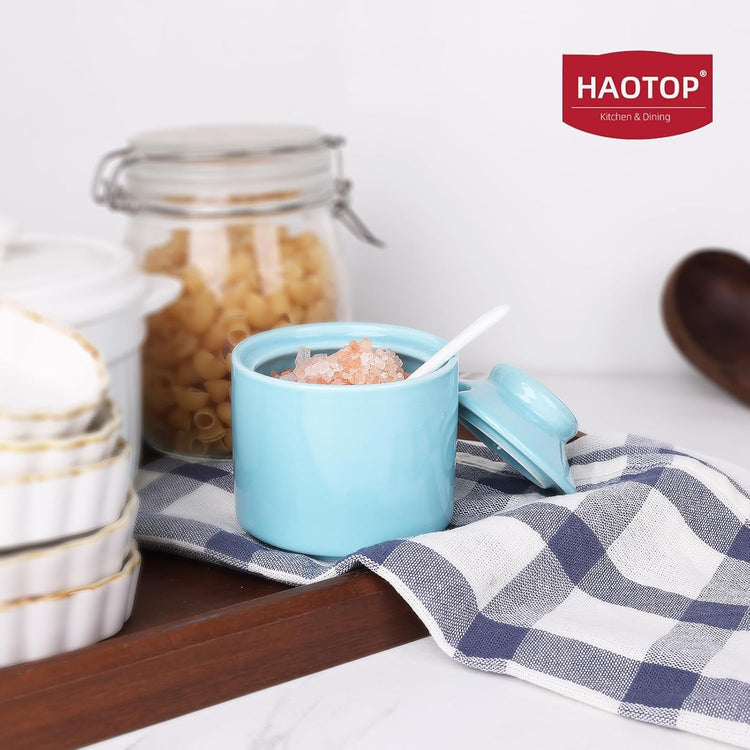 HAOTOP 8 oz Sugar Bowl with Lid and Spoon,Ceramic Sugar Jar Sugar Dispenser Sugar Container Coffee Bar Accessories, Kitchen Countertop Canisters (Turquoise)